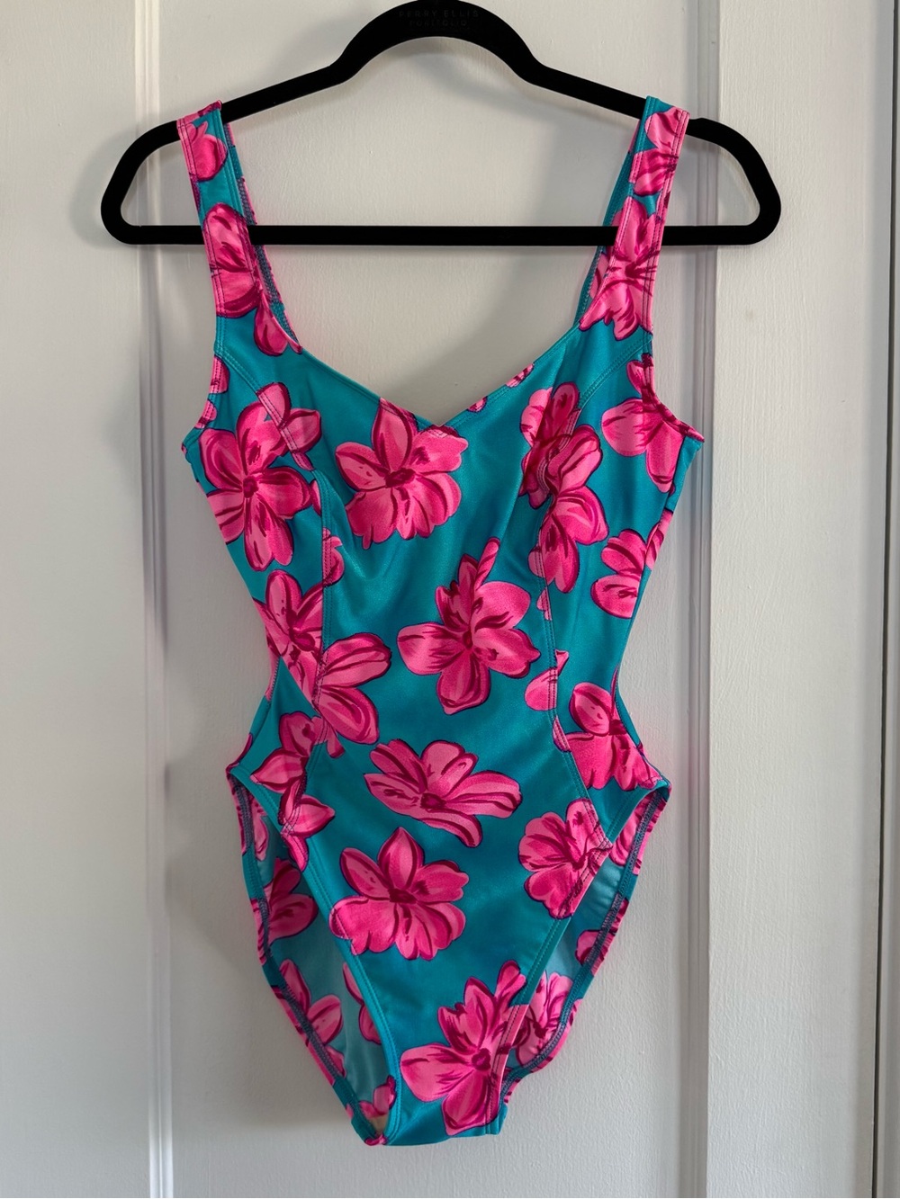 Vintage 90s La Blanca One-Piece Swimsuit Made in USA Tropical Floral Pink Blue